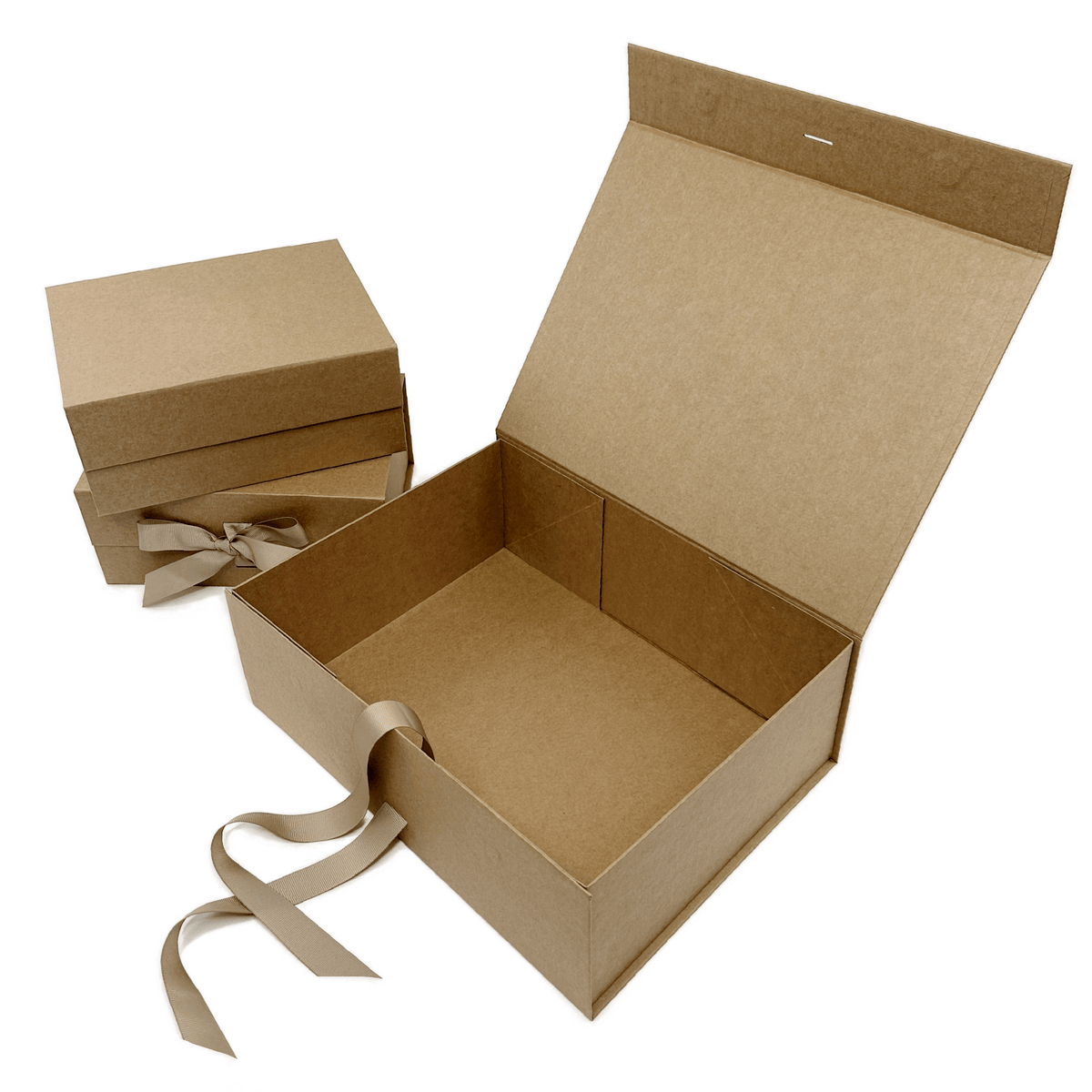 open kraft magnetic closure gift box with grosgrain ribbon