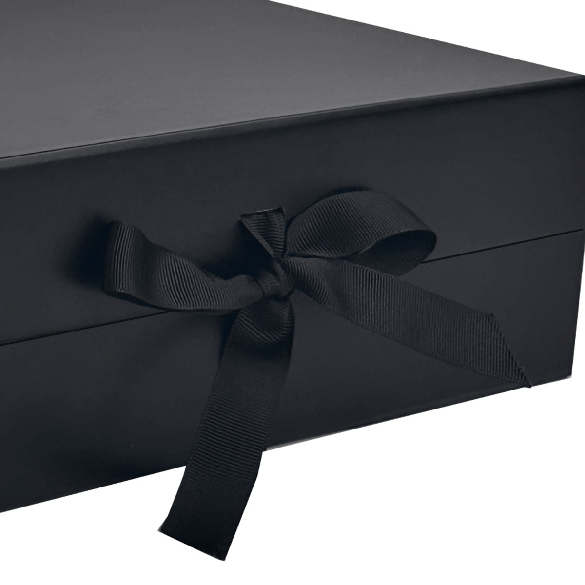 close up showing grosgrain ribbon on black magnetic  closure gift box