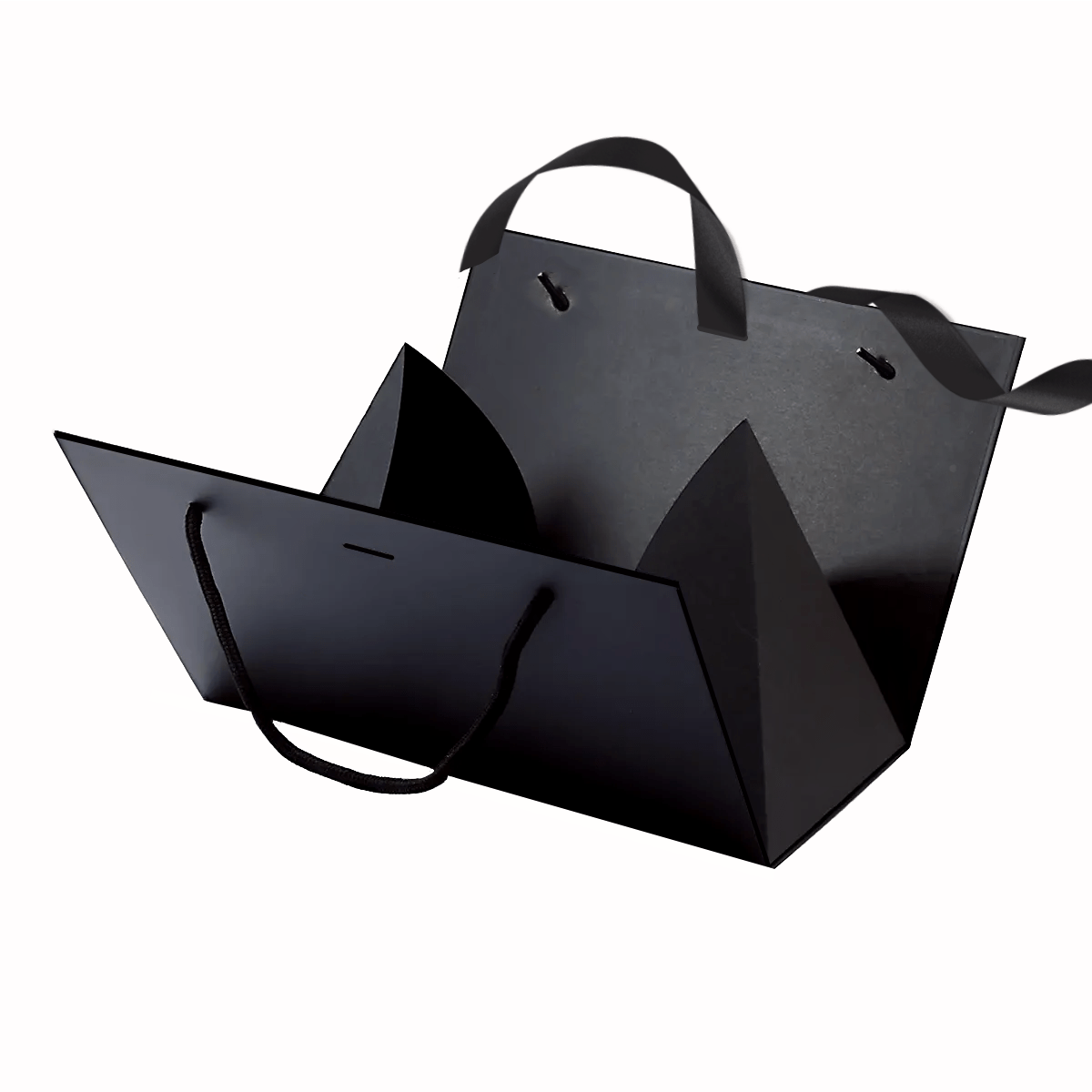 black luxury triangle purse style gift box fold flat with satin ribbon closure
