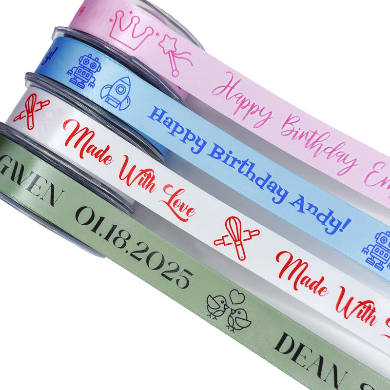 Custom printed satin ribbons partly unrolled to show the print