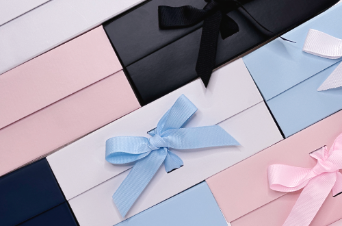 A5 magnetic closure gift boxes close up with grosgrain ribbon various colors