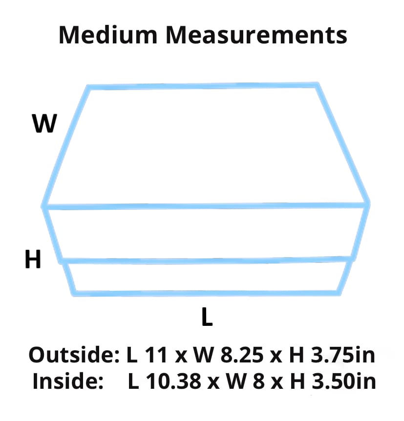 A measurement diagram labeled 'Medium Measurements' showing a simple box outline with blue lines and labels for width (W), height (H), and length (L), plus size values printed below on a white background.