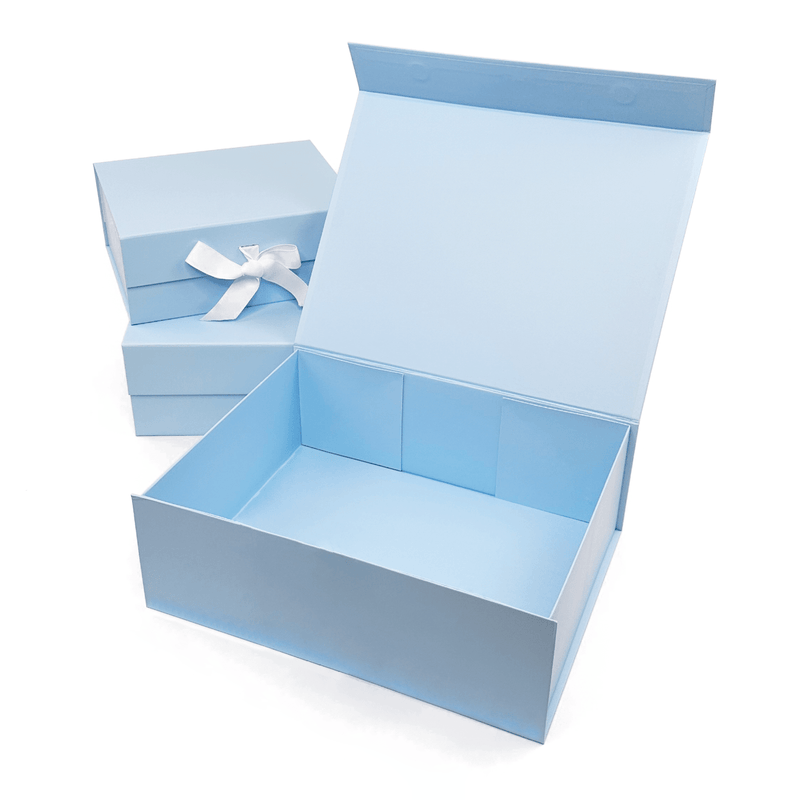 powder blue magnetic gift box open to show laminated color through out 