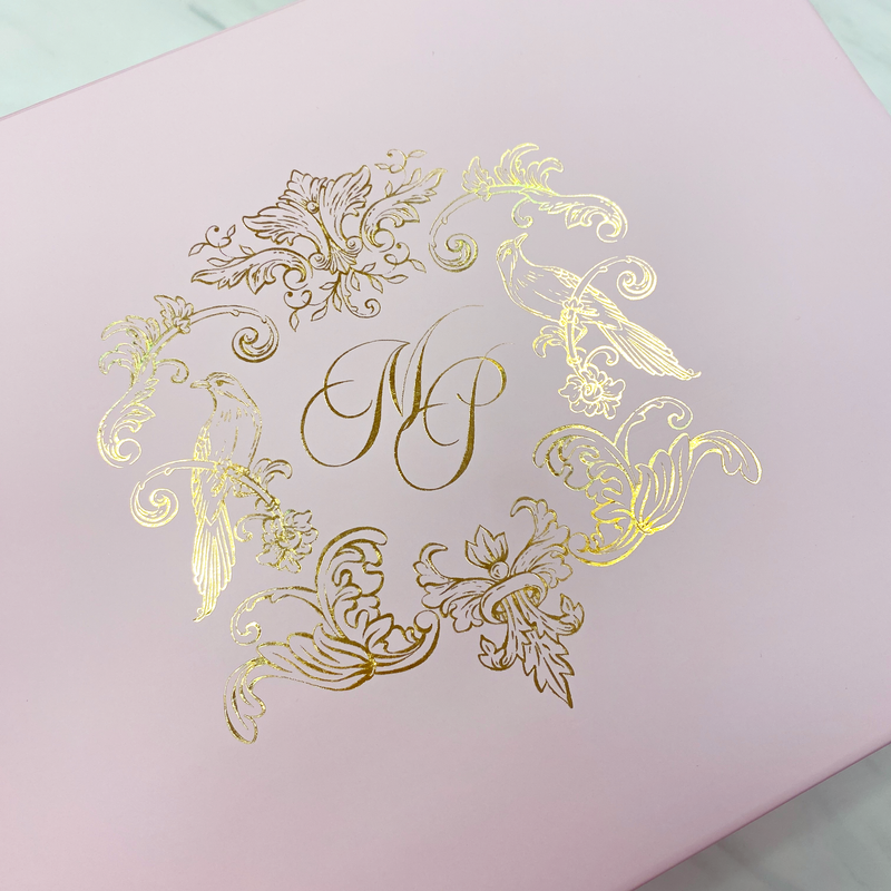 Light pink magnetic closure gift box with custom print in gold foil for wedding