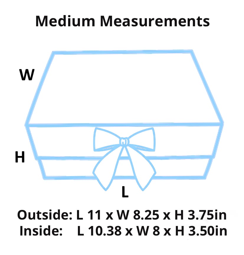 A measurement diagram showing a gift box outline with labeled dimensions for medium measurements, including outside and inside length, width, and height in inches.