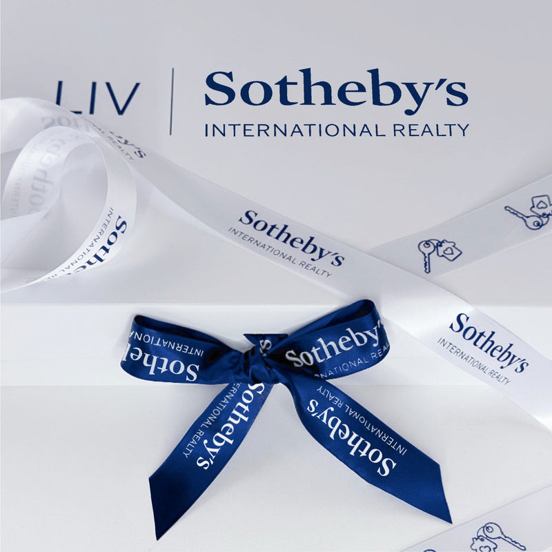 Real estate closing gift box tied with a custom logo satin ribbon