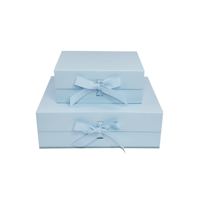 baby blue gift boxes with magnetic closure, fold flat, easy assembly 