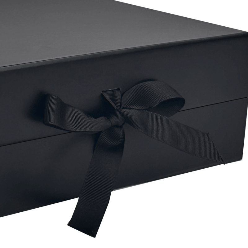 close up showing grosgrain ribbon on black magnetic  closure gift box 