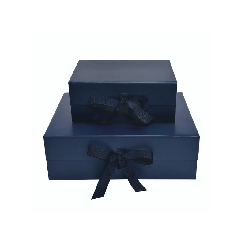 navy blue magnetic closure gift boxes with changeable grosgrain ribbon