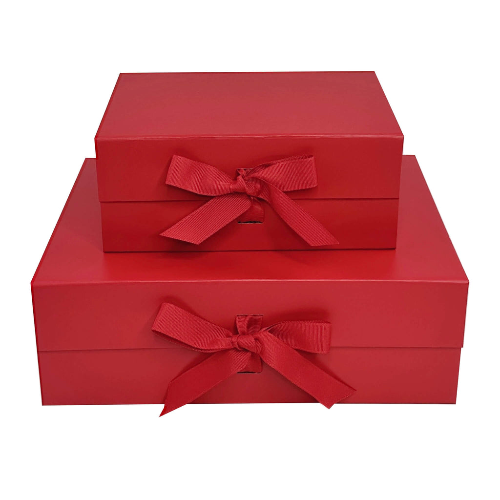 red foldable magnetic closure gift boxes with changeable grosgrain ribbon shown A4 and A5 stacked