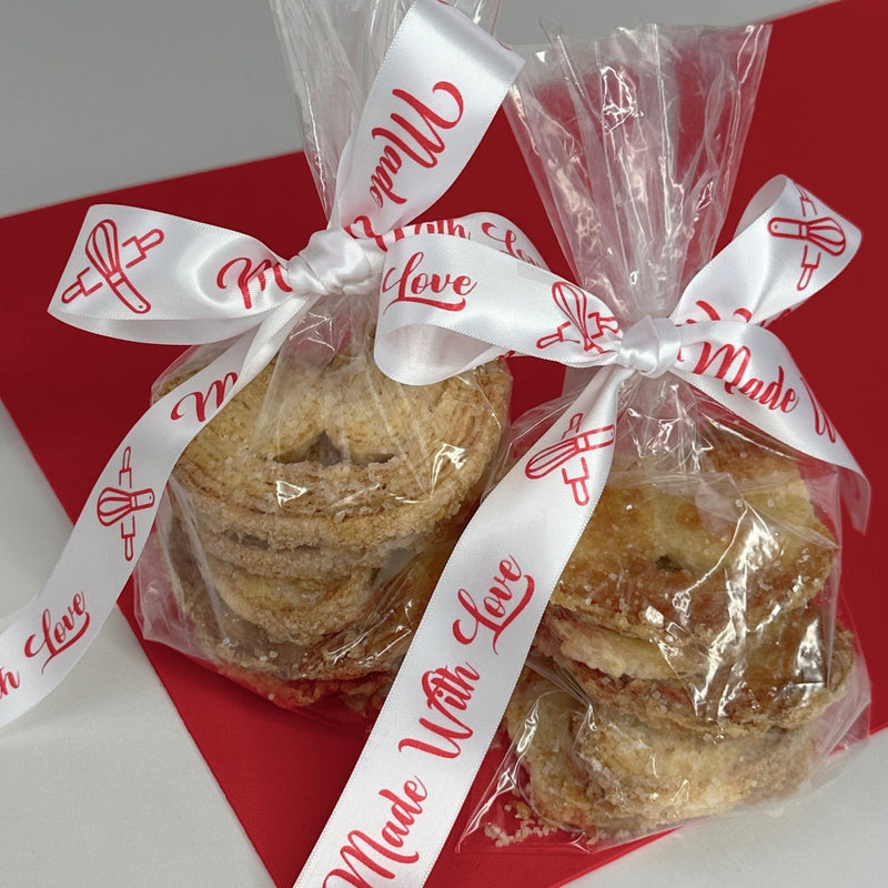 Custom printed satin ribbon with a Made With Love message