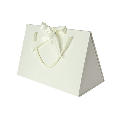 Ivory triangle purse style gift box with changeable ribbon folds flat 