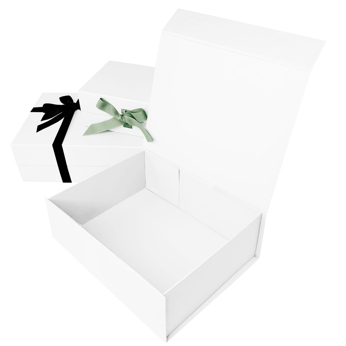 luxury  magnetic closure gift box open with sage green and black ribbon