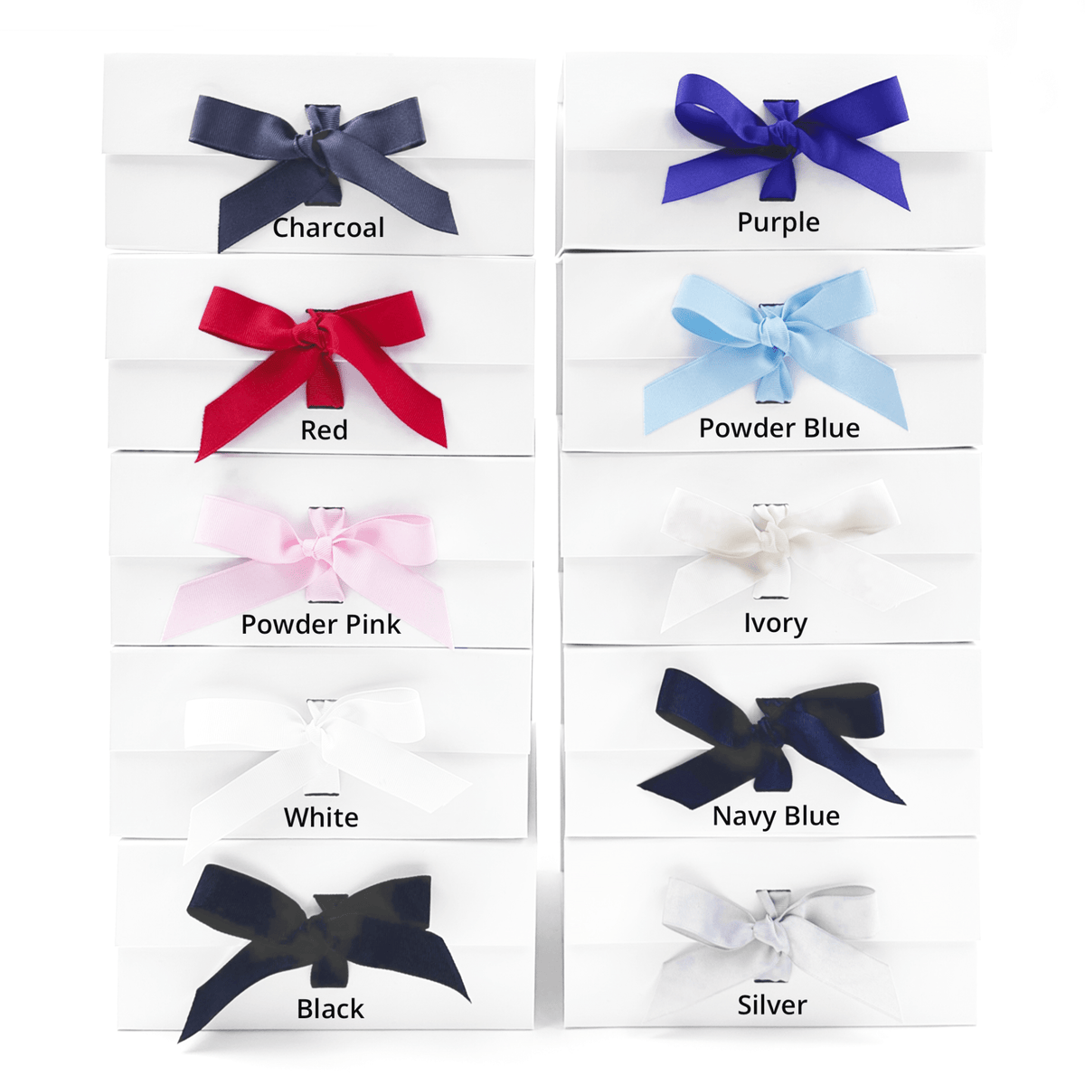 large square white magnetic closure gift box with grosgrain ribbon options