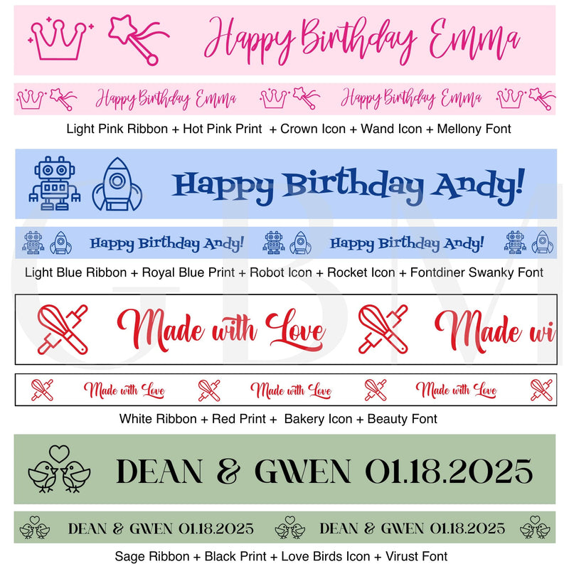 Custom satin ribbon print color and font examples