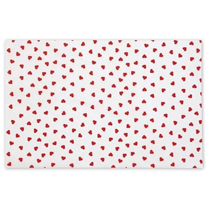 Valentine Tissue Paper features a solid color tissue paper with hot stamped red hearts. 