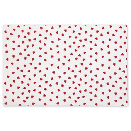 Valentine Tissue Paper features a solid color tissue paper with hot stamped red hearts. 
