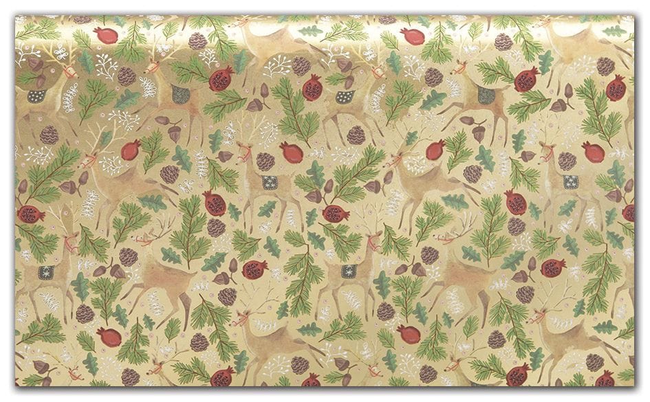 Holiday tissue paper with deers, greenery and pine cones