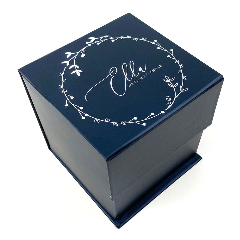 navy blue cube gift box with laser printed wedding logo