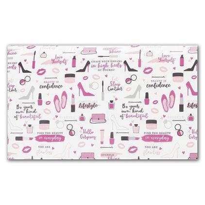 Rodeo Drive Tissue features a white tissue with pink and black quotes and beauty and fashion items.