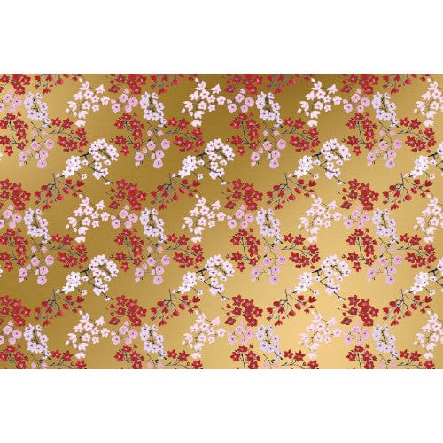 Drifting Blossoms tissue paper in delicate pinks and red across a gold background.
