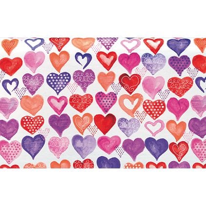 Lovely Hearts Tissue Paper features solid white color tissue paper with stamped multi color hearts